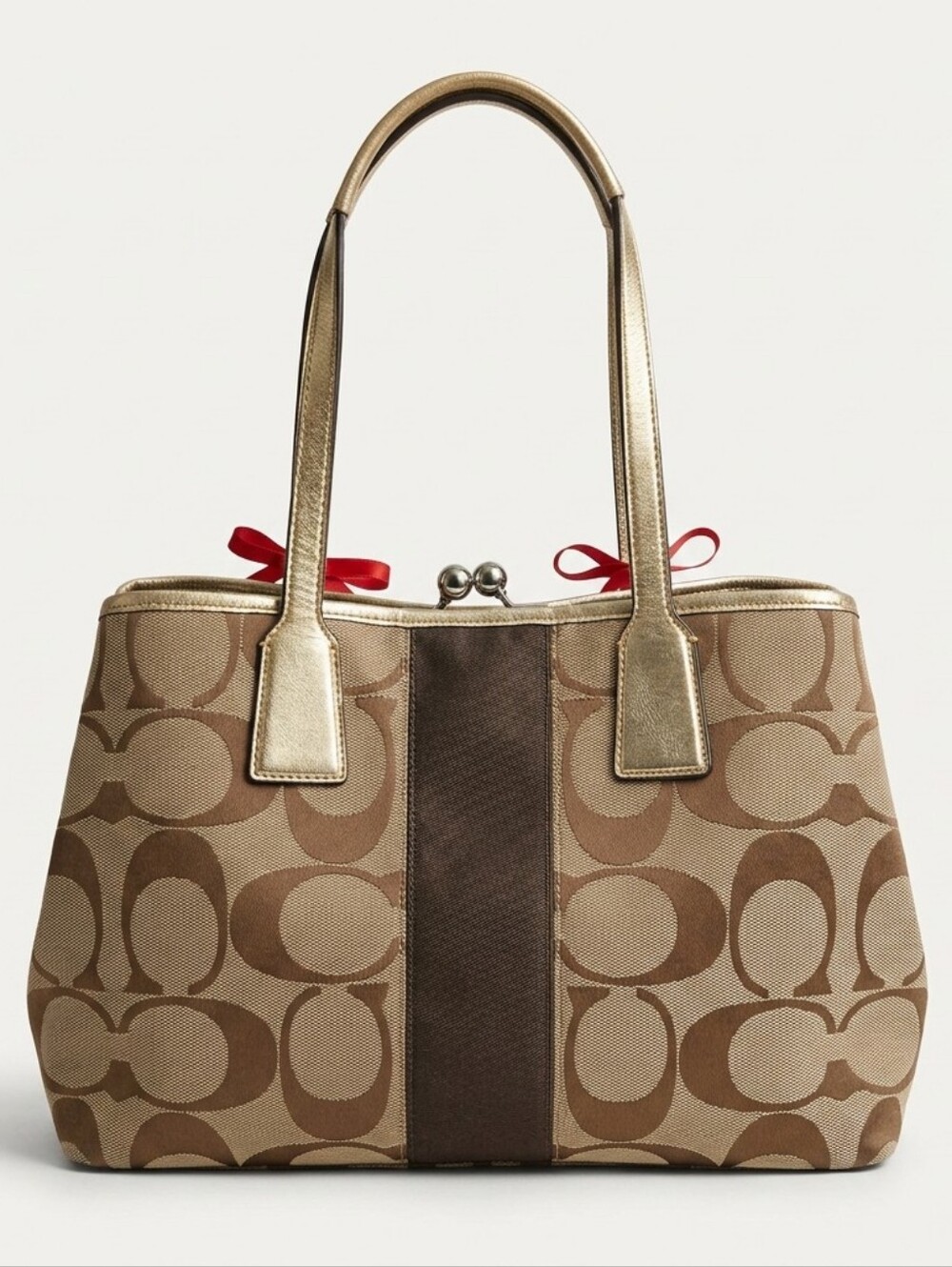 Coach Brown Signature Tote With Kiss Lock Closure - Gem